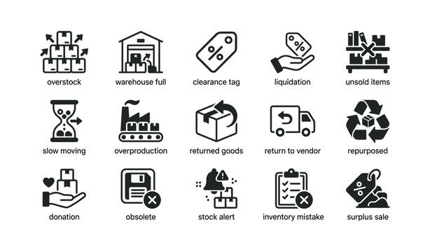 Inventory and surplus icons showing stock and warehouse issues