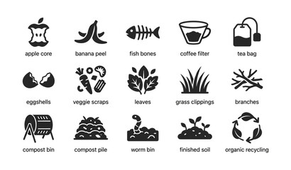 Naklejka premium Organic waste and compost icons arranged in grid on white background