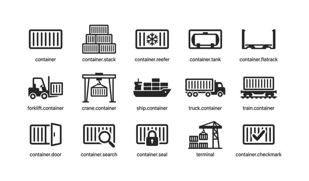 Shipping container and logistics icons arranged on white grid