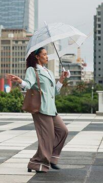 Woman, umbrella and dancing in city with commute, steps and excited with bag for property development. Person, real estate agent and celebration with goals, success or achievement for urban expansion