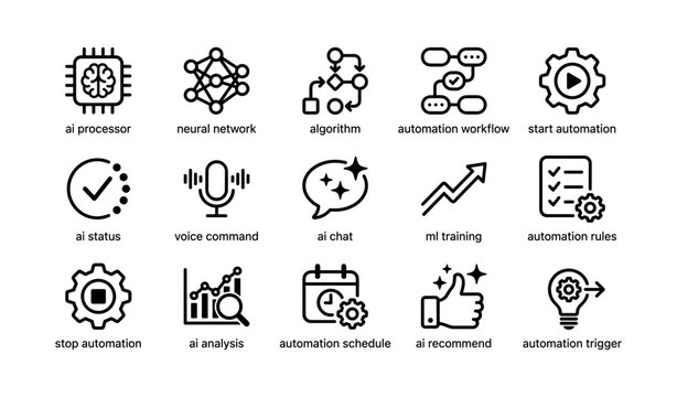 Ai and automation icons arranged in grid on white background