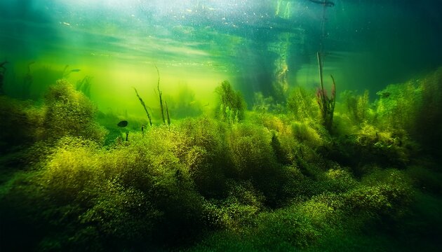 underwater photo swamp pond or river green freshwater background green algae plankton dirty water blooms
