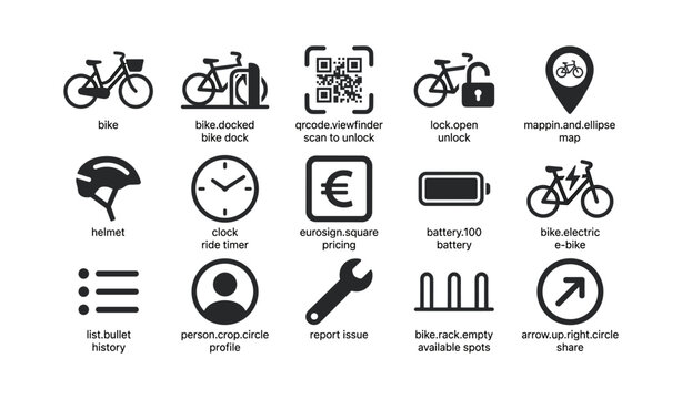 Bicycle sharing icons showing docking, unlocking and service features