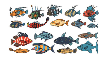 A Colorful Collection of Aquatic Life: A vibrant assortment of hand-drawn fish, showcasing diverse species and striking patterns, swim in a whimsical underwater tableau. © abidakhatun