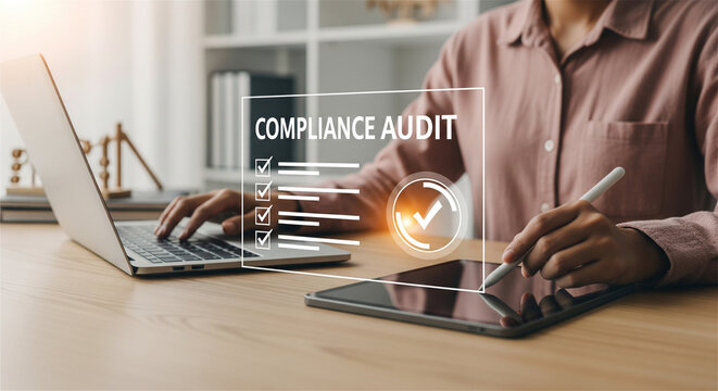 Compliance audit digital interface on laptop screen, business professional conducting regulatory quality check, corporate risk management and data verification