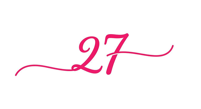 Pink handwritten script of the number twenty-seven on a white background