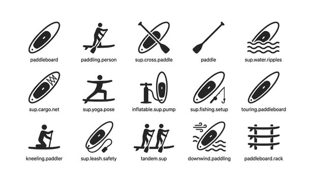 Paddleboard and sup icons showing paddling actions and gear