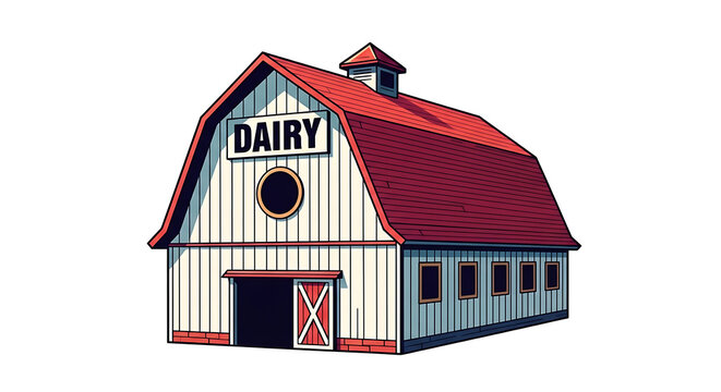 Red barn style dairy farm building with white trim and black doors