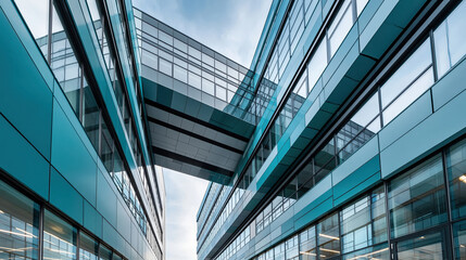 Obraz premium Modern corporate architecture with a glass and steel skybridge connecting office buildings. Symbolizing global connectivity. Urban development