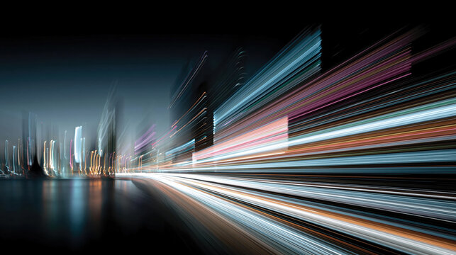Abstract light trails creating speed and motion blur effect on a dark background, representing fast data streaming, technology, telecommunication, and modern urban dynamics