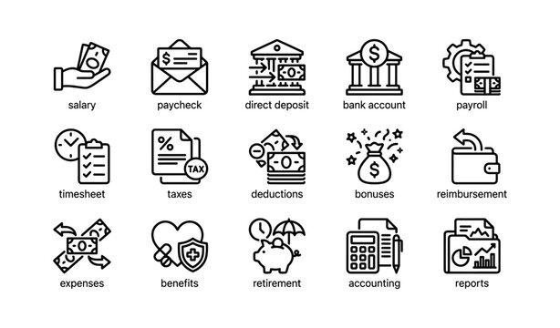 Payroll and salary icons showing payments and accounting grid