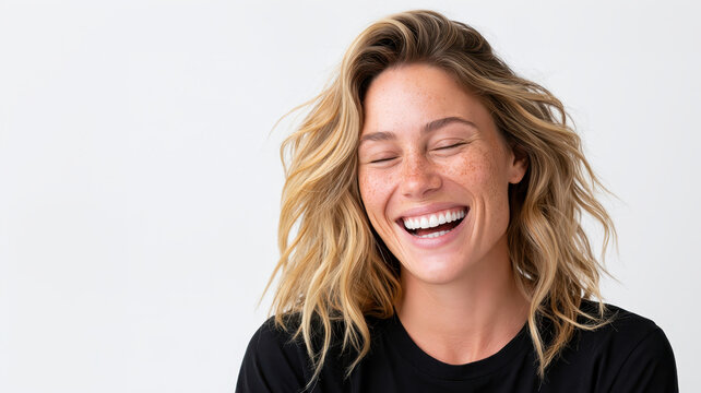 Young woman with closed eyes laughing cheerfully, showing sincere happiness and joy, expressing positive emotion and genuine laughter on a white plain background