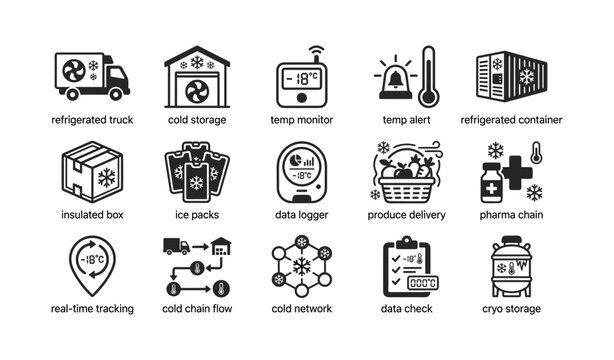 Cold chain logistics icons showing transport and storage grid