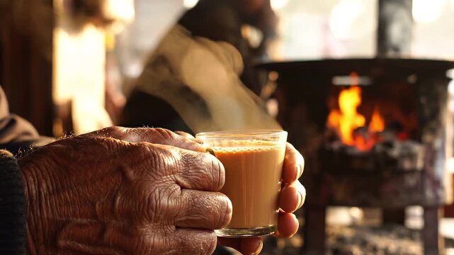 Elderly hands holding steaming chai tea glass near a rustic wood stove with warm fire, cozy winter atmosphere