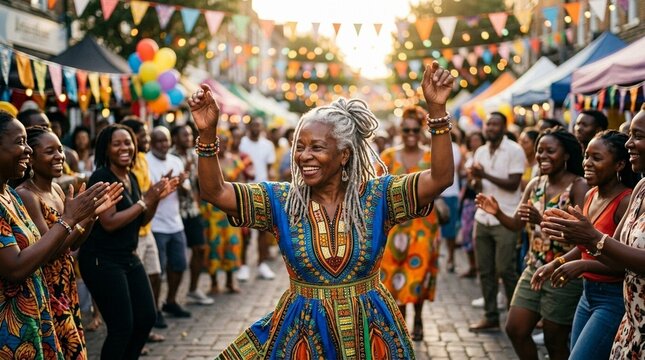 Joyful street festival scene with an older woman dancing in colorful patterned dress, crowds cheer along a decorated market lane, warm light and community energy