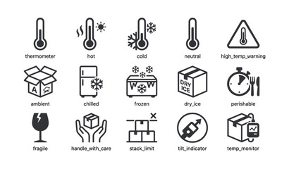 Naklejka na ściany i meble Packaging temperature and handling icons on white background