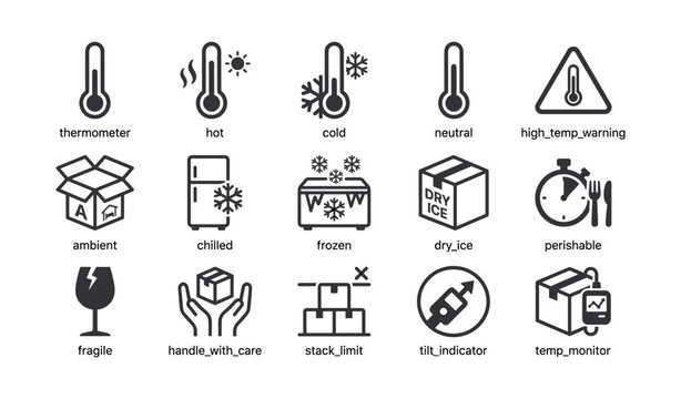 Packaging temperature and handling icons on white background