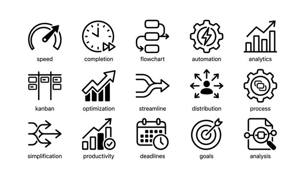 Assortment of productivity and process icons on white background