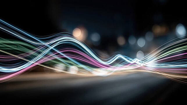 Wavy light trails moving at high speed, creating an abstract energy flow representing digital data, modern technology, and connectivity against a dark bokeh background