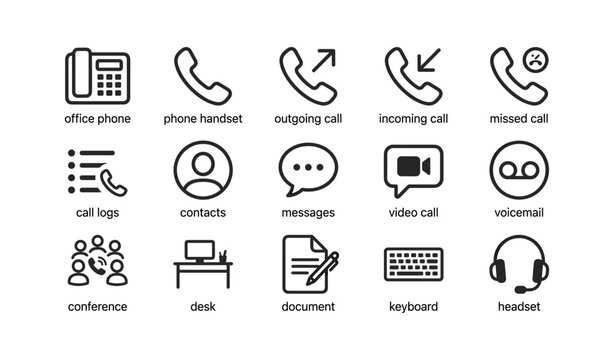 Communication icons showing phones and office tools on white