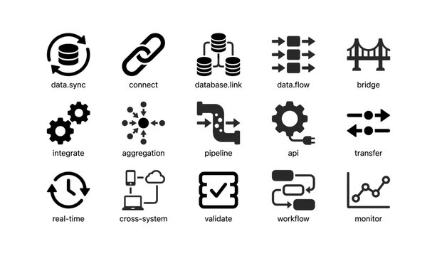 Data integration and transfer icons on white background