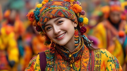 Fototapeta premium Beautiful smiling young woman wearing vibrant, ornate traditional ethnic clothing and detailed jewelry. She is happily celebrating at a cultural festival.