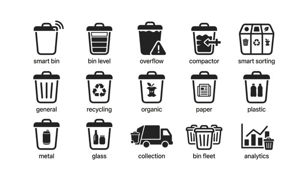 Waste bin icons showing sorting and collection types on white