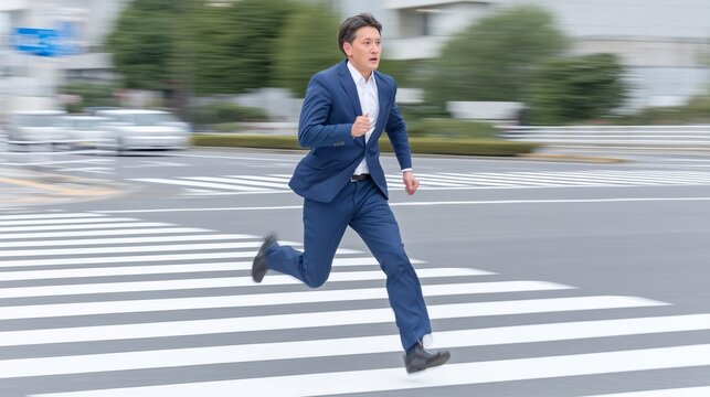 Energetic Asian businessman in a blue suit running fast across a city crosswalk. Concept of being late for work, rushing to a meeting, business competition, and fast-paced urban lifestyle.