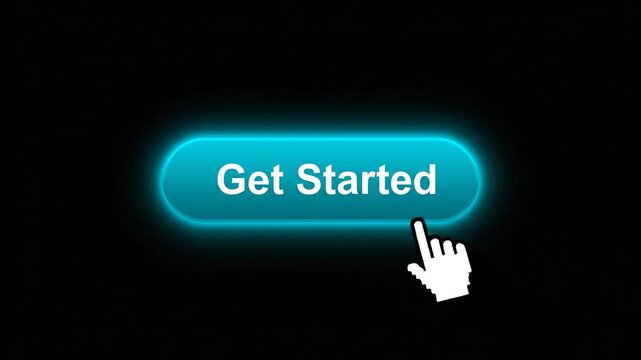 Blue button with white text saying get started and a hand cursor icon