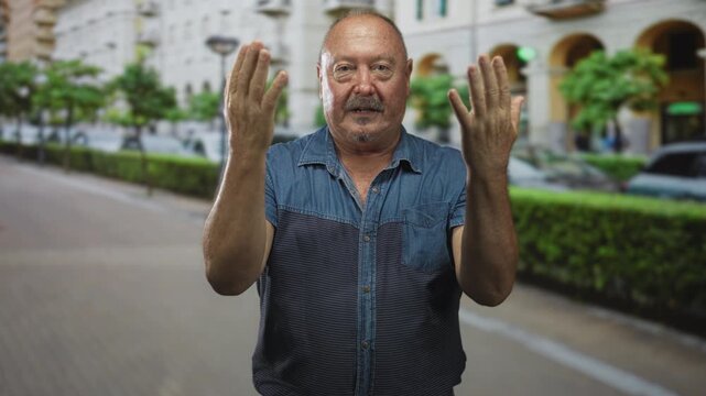 Man, senior hispanic, wearing denim shirt, beckoning with both hands on a busy city street, palms visible, pleading expression; seeking help confusion.