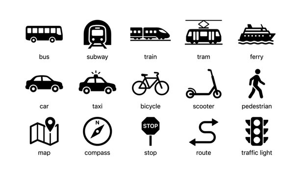 Transport icons showing vehicles signs and map on white background