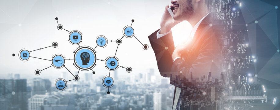 A businessman engaged in a phone conversation stands against a modern city backdrop, complemented by digital network graphics symbolizing innovation and communication. Tessel
