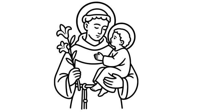 Line art illustration of Saint Anthony of Padua holding the Christ Child and a lily, isolated on transparent background
