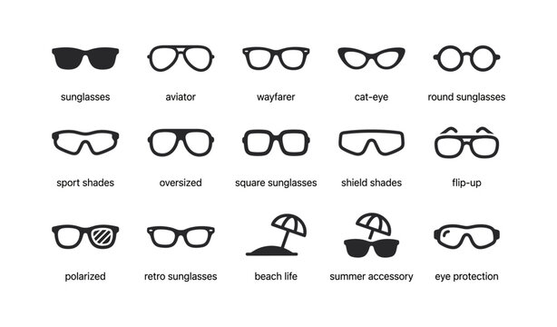 Collection of sunglass icons arranged in rows with labels