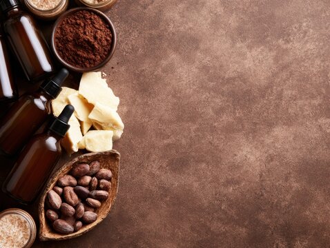 Natural skincare flat lay with amber dropper bottles, cocoa butter, beans and powders on textured brown background, warm earthy composition with organic beauty and copy space.