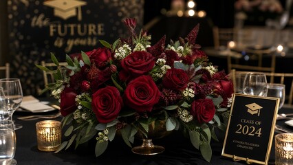 Obraz premium Elegant Class of 2024 Graduation Party Dinner Table with Red Rose Centerpiece