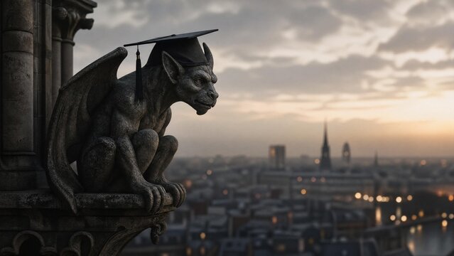 Stone Gargoyle on Cathedral Roof Wearing a Graduation Cap at Sunset Cityscape