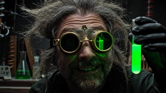 Mad scientist with wild hair and steampunk goggles holding glowing green test tube. Eerie lab experiment portrait. Perfect for sci-fi, horror, educational content about chemistry, alchemy