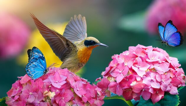 colorful sunbird and blue butterfly on pink hydrangeas in vibrant garden