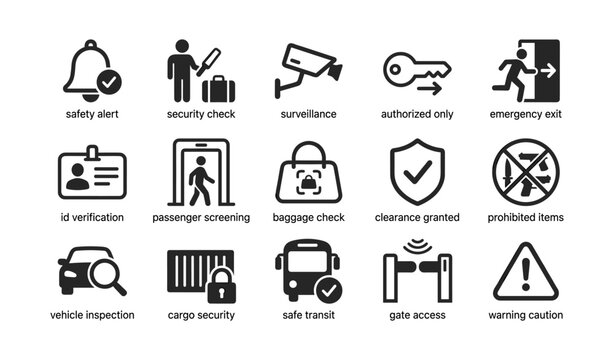 Security and safety icons depicting checkpoints and access control