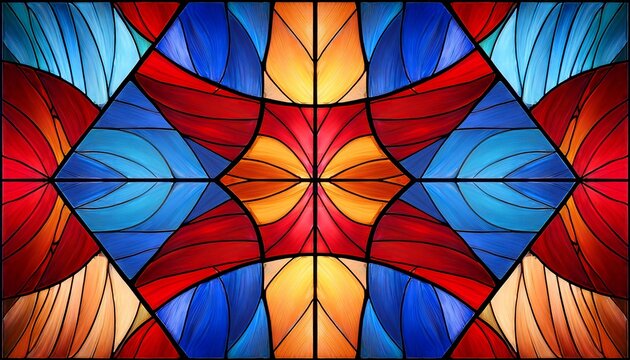 abstract stained glass window design features symmetrical geometric panels with intense cobalt blue ruby red and amber hues