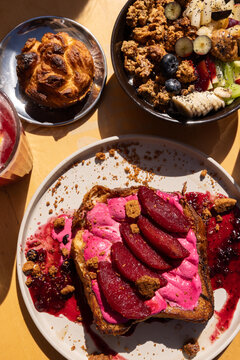 rhubarb french toast with berry compote at brunch restaurant
