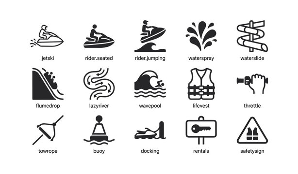 Watersport and safety icons arranged in grid on white background