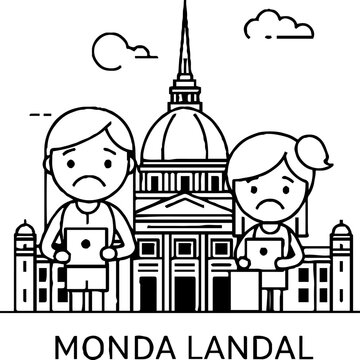 Sad Children Holding Tablets in Front of Landmark