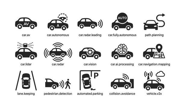 Autonomous vehicle and driving system icons in grid layout