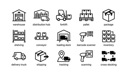 Fototapeta na wymiar Warehouse and logistics icons arranged in grid on white