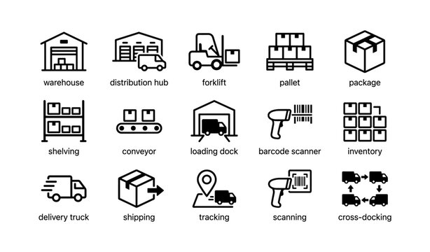 Warehouse and logistics icons arranged in grid on white