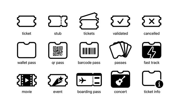 Ticket and pass icons arranged in grid on white background