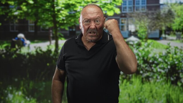 Senior hispanic man raises clenched fist and bares knuckles in front of building entrance, scowling and grimacing at camera; anger defiance.
