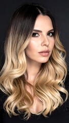 Naklejka premium Beautiful Woman With Long Wavy Ombr Hair Studio Beauty Portrait Photograph With Blonde And Brown Tones Looking Away On Black Background